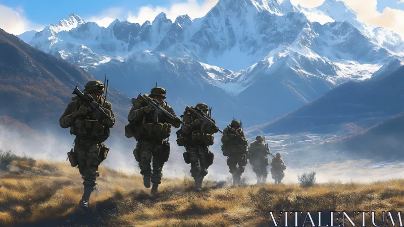 Mountain patrol crossing bright highland valley together.