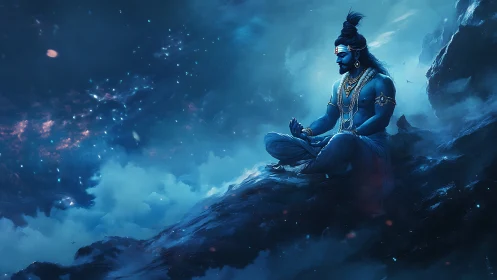 Meditating blue deity on cosmic mountain ridge at night.