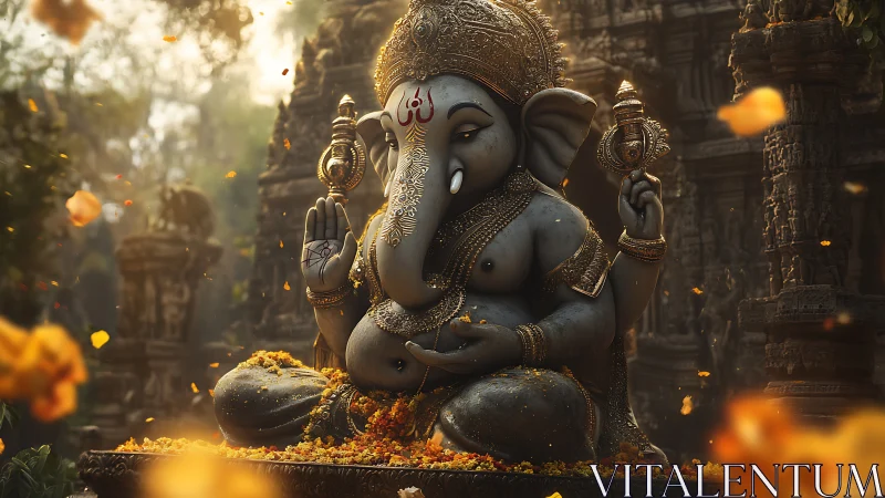 Ganesha stone idol glows amid marigold petals and incense