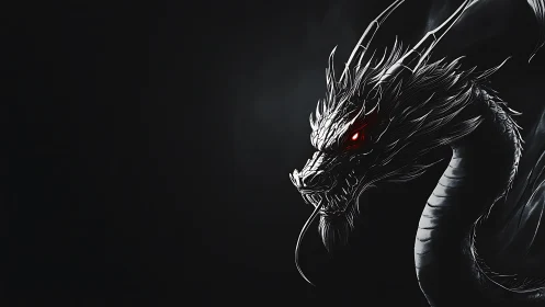 Monochrome side-lit dragon profile with glowing red eyes