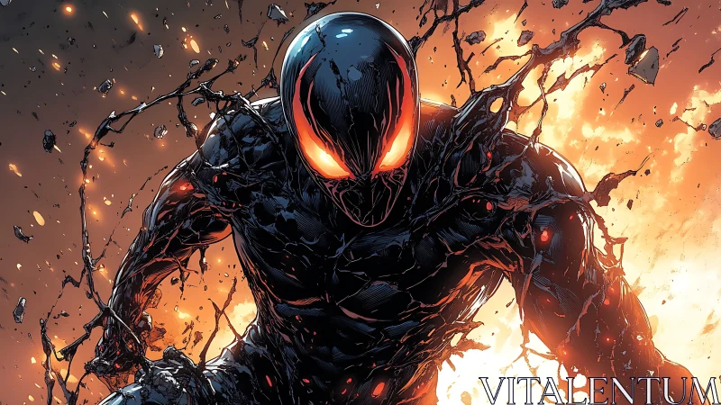 Molten-eyed symbiote entity emerges from explosive inferno.