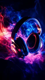 Glowing over ear headphones in neon red and blue light.