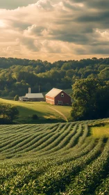 Rural hillside farmstead with fields under cloudy sunset.