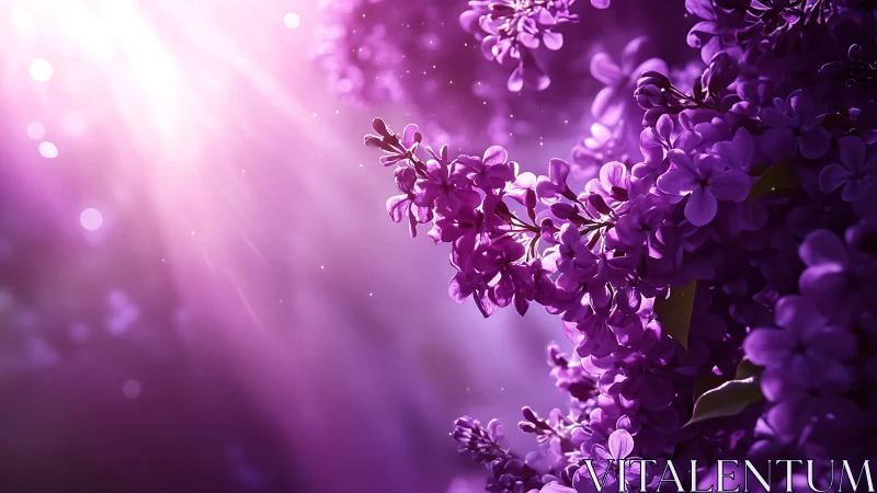 Luminous purple lilac blossoms bathed in mystical light.