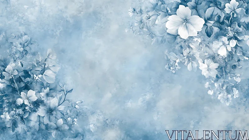 Monochromatic floral composition with white and blue petals.