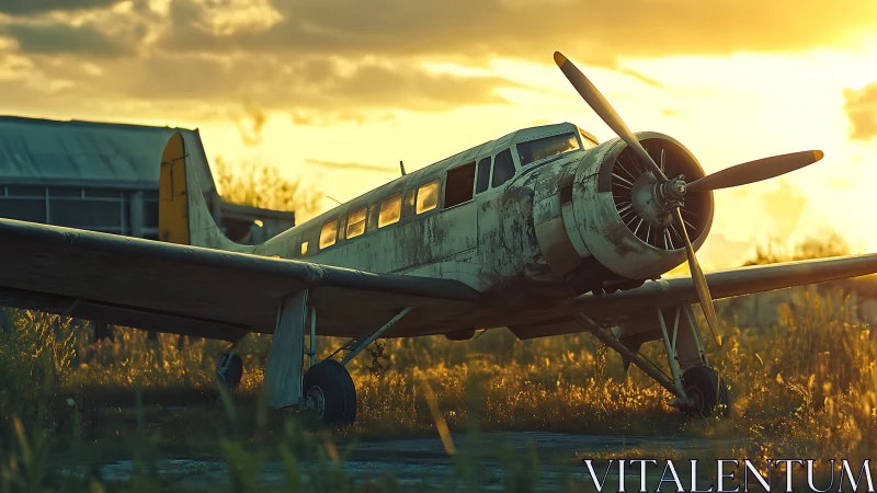 Sunset relic: timeworn propeller plane in golden grassland.