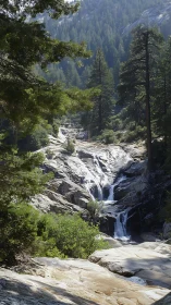 Tiered granite waterfall cuts through dense conifer forest valley