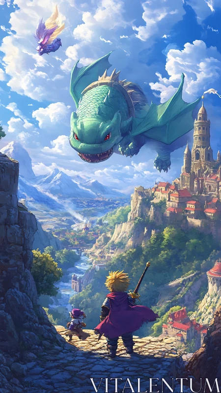 Adventurers confront flying dragon over bright valley city.