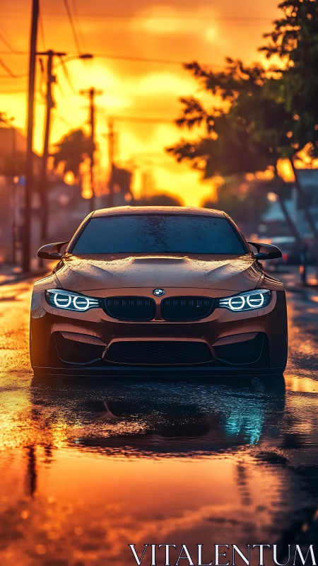 Sunset street reflections with a sleek sports car.