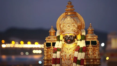 Gold adorned Hindu deity statue with floral garlands.