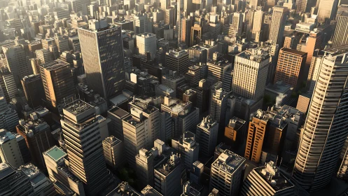Dense urban skyline viewed from elevated diagonal angle