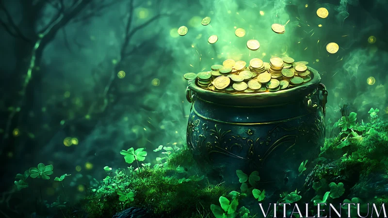 Enchanted forest cauldron overflowing with glowing gold coins.