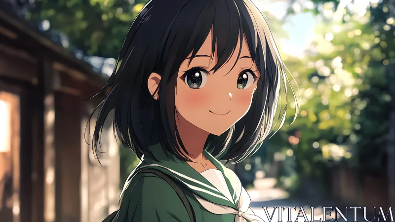 Sunlit anime schoolgirl smiles along a quiet garden path.