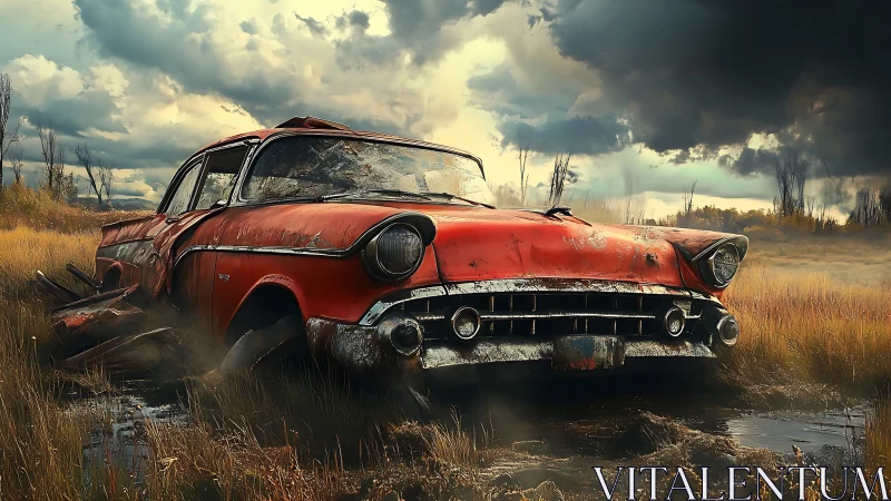 Rusting red sedan in flooded grassland under storm clouds.
