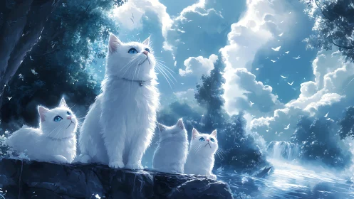 Four white felines with blue eyes positioned on rocky terrain against volumetric cloud formations an