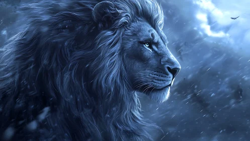Regal blue lion profile in stormlit cinematic portrait.