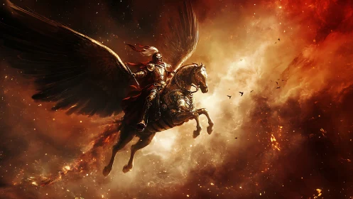 Winged knight soaring bravely through a blazing sky.