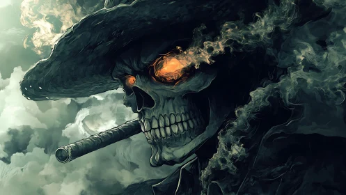 Flaming-eyed skull smoker in swirling ghostly smoke storm.