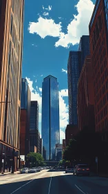 Central glass skyscraper in sunlit downtown corridor view.
