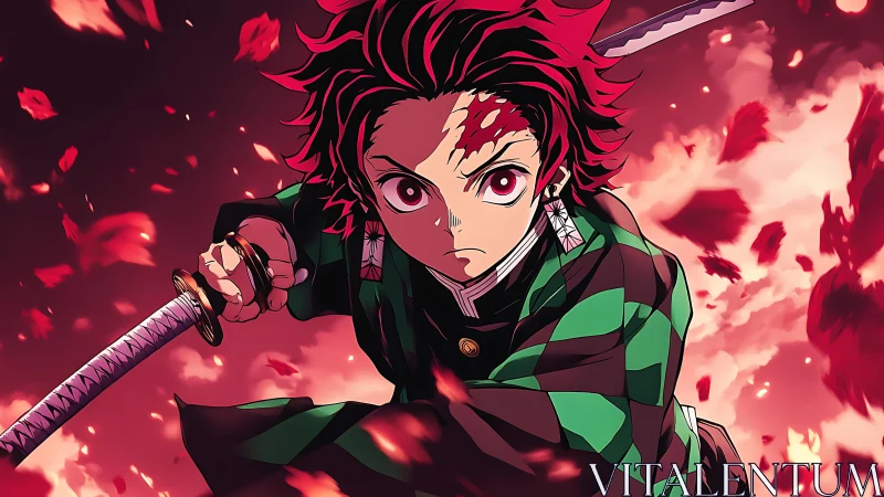 Anime swordsman in dynamic mid-swing framed by burning petals