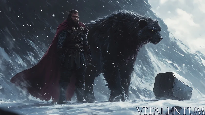 Nordic warrior with giant bear guardian in icy blizzard.