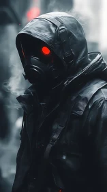 Hooded gasmask operative in neon red accented misted alley.