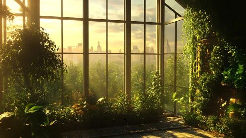 Sunlit indoor garden overlooking distant city skyline.
