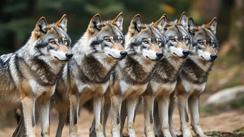 Wolf pack stands aligned in forest light, focused and alert.
