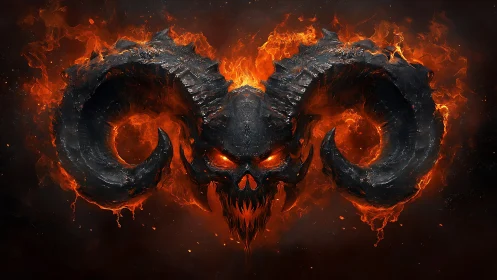 Demonic horned skull erupts from molten infernal flames.