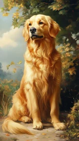 Golden daydreamer dog posing in painterly autumn glow.