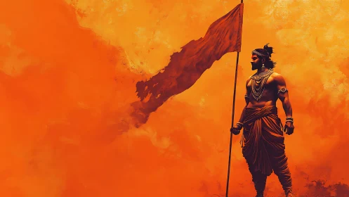 Warrior holds tall flag against intense orange backdrop