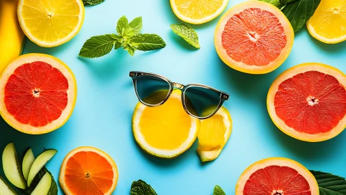 Sunglasses rest among assorted citrus halves on blue surface