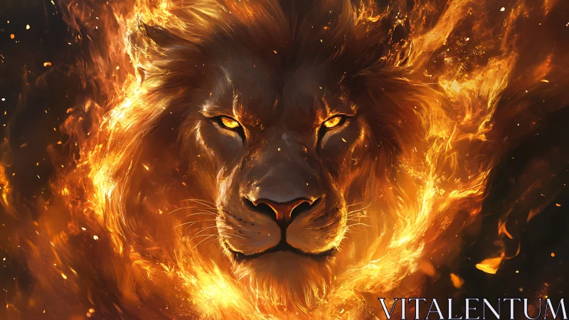 Fiery lion portrait with blazing mane on dark background.