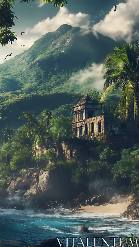 Ruined Manor Clings to Emerald Cliffs Beneath Misty Mountain
