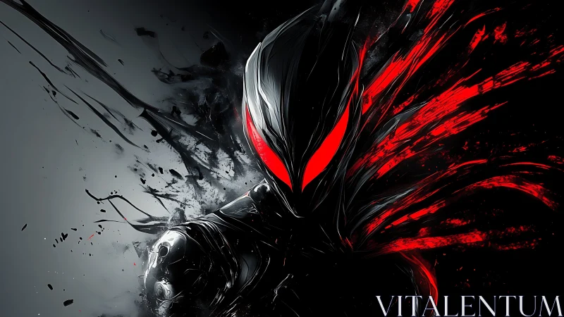 Armored dark figure with red eyes emerges from splashes