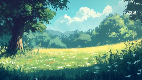 Sunlit wildflower meadow dreaming beneath summer clouds.