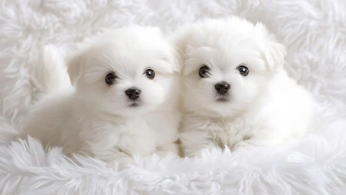 Two white fluffy puppies lie close together on soft fur bedding