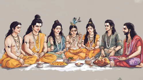 Joyful divine gathering sharing sweets, stories, and calm grace.