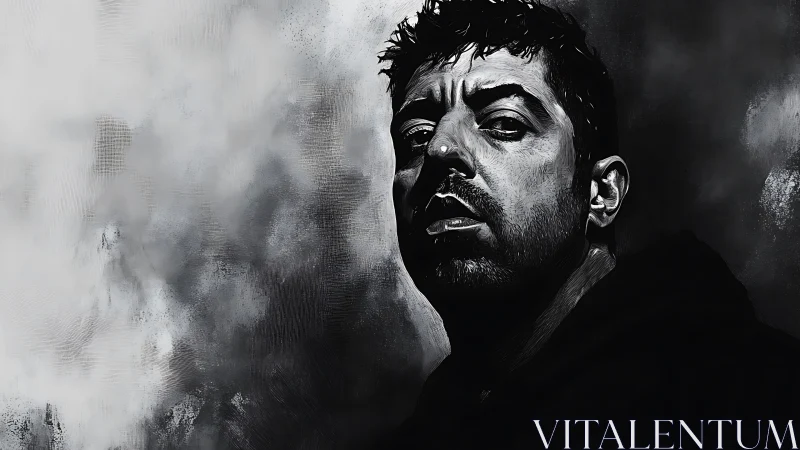 High-contrast monochrome male portrait with textured clouds