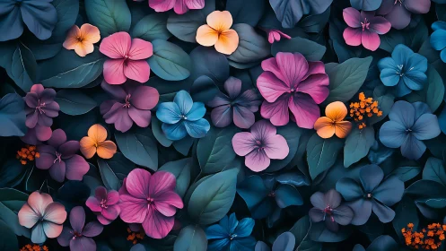 Layered Floral Composition with Pink, Blue, and Orange Blooms.