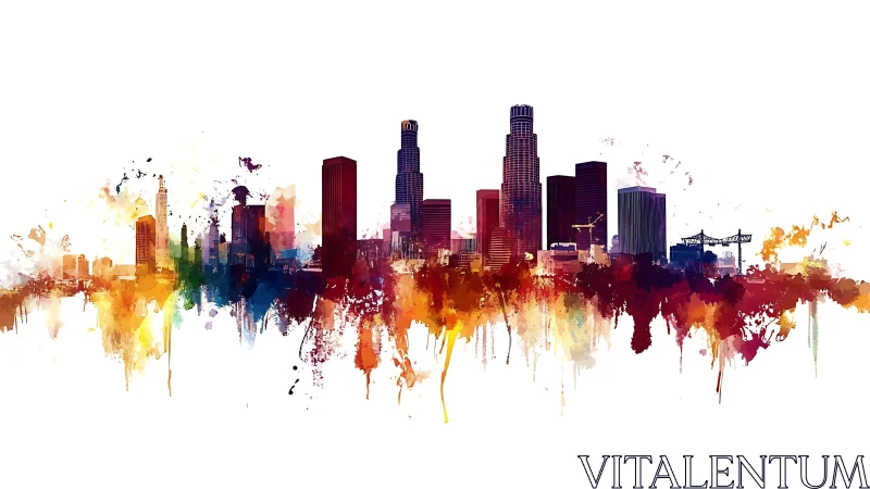 Color saturated city skyline rendered with splattered paint