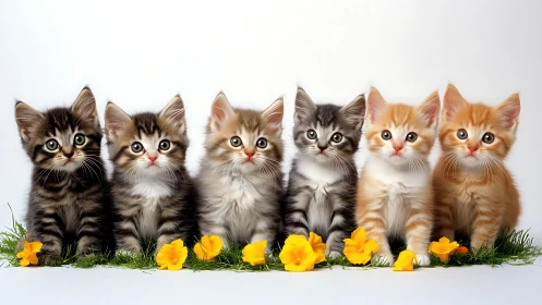 Six Adorable Kittens Lined Up Among Yellow Spring Flowers