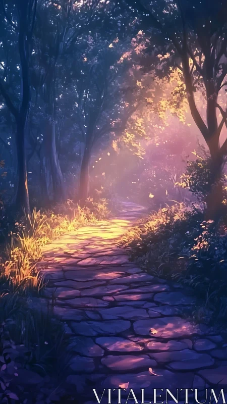Enchanted stone pathway under golden twilight canopy.