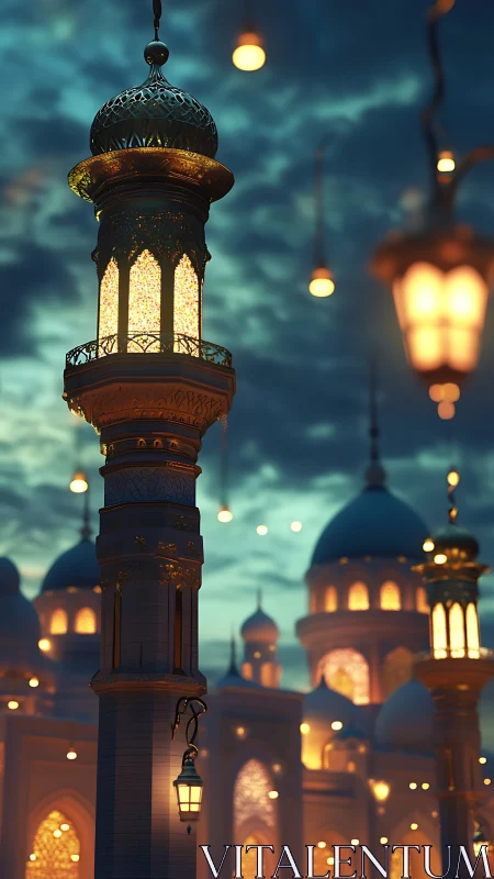 Lantern-lit minaret glows above ornate domes at twilight.