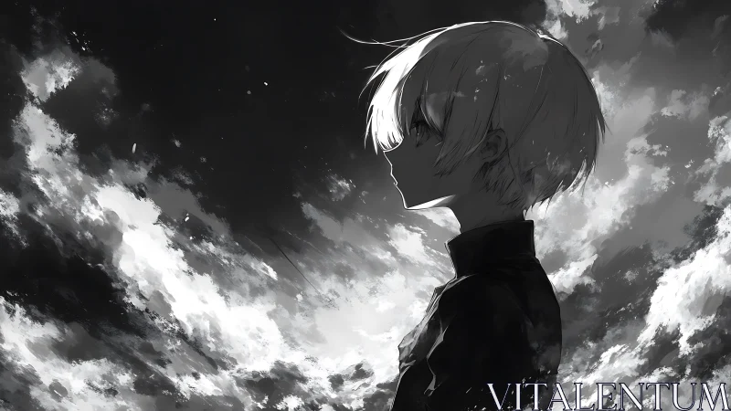 Monochrome anime silhouette amid turbulent cloud luminance.
