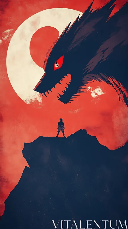 Lone warrior facing colossal wolf spirit under blood moon.