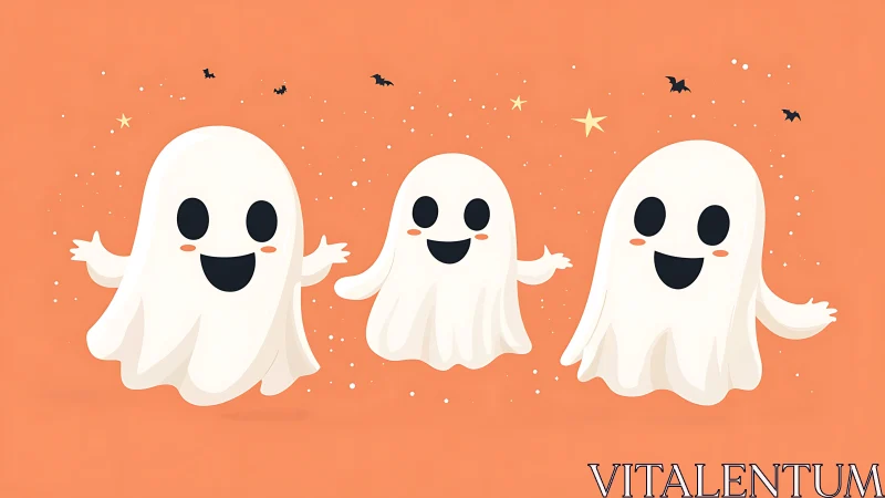 Cute cartoon ghosts on orange Halloween background.