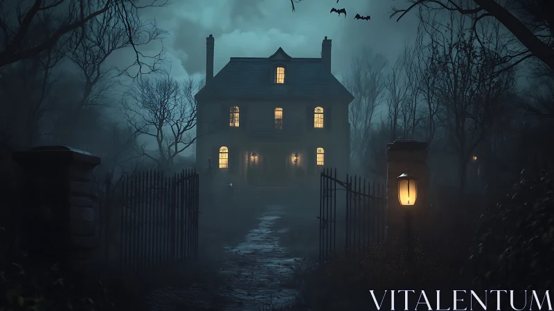 Mysterious old manor glowing softly through misty night.