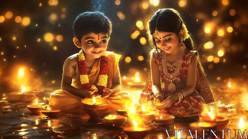 Two children in traditional attire celebrating Diwali with luminous oil lamps