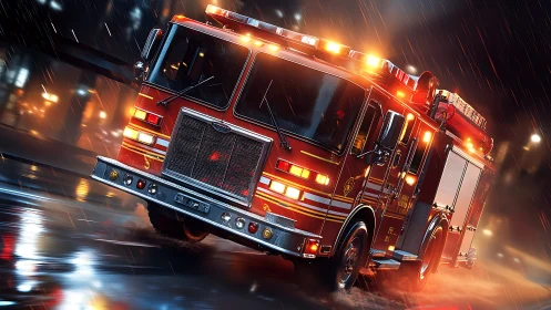 Crimson Fire Truck Racing Through Monsoon Drama.